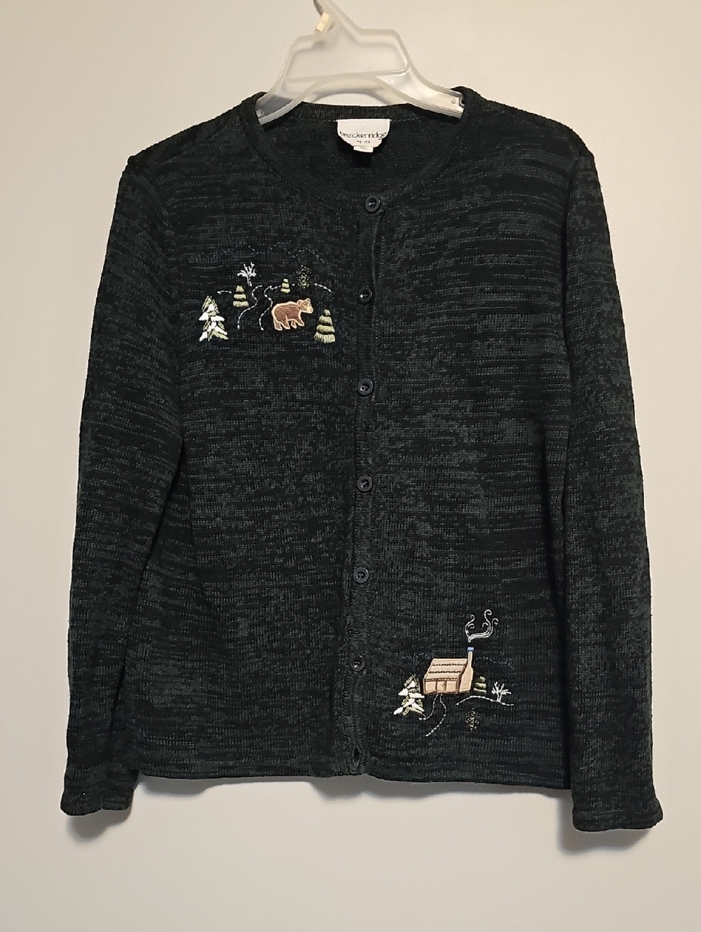 Breckenridge Medium Petite Forest Green Button Bear & Cabin Embroidery Cardigan